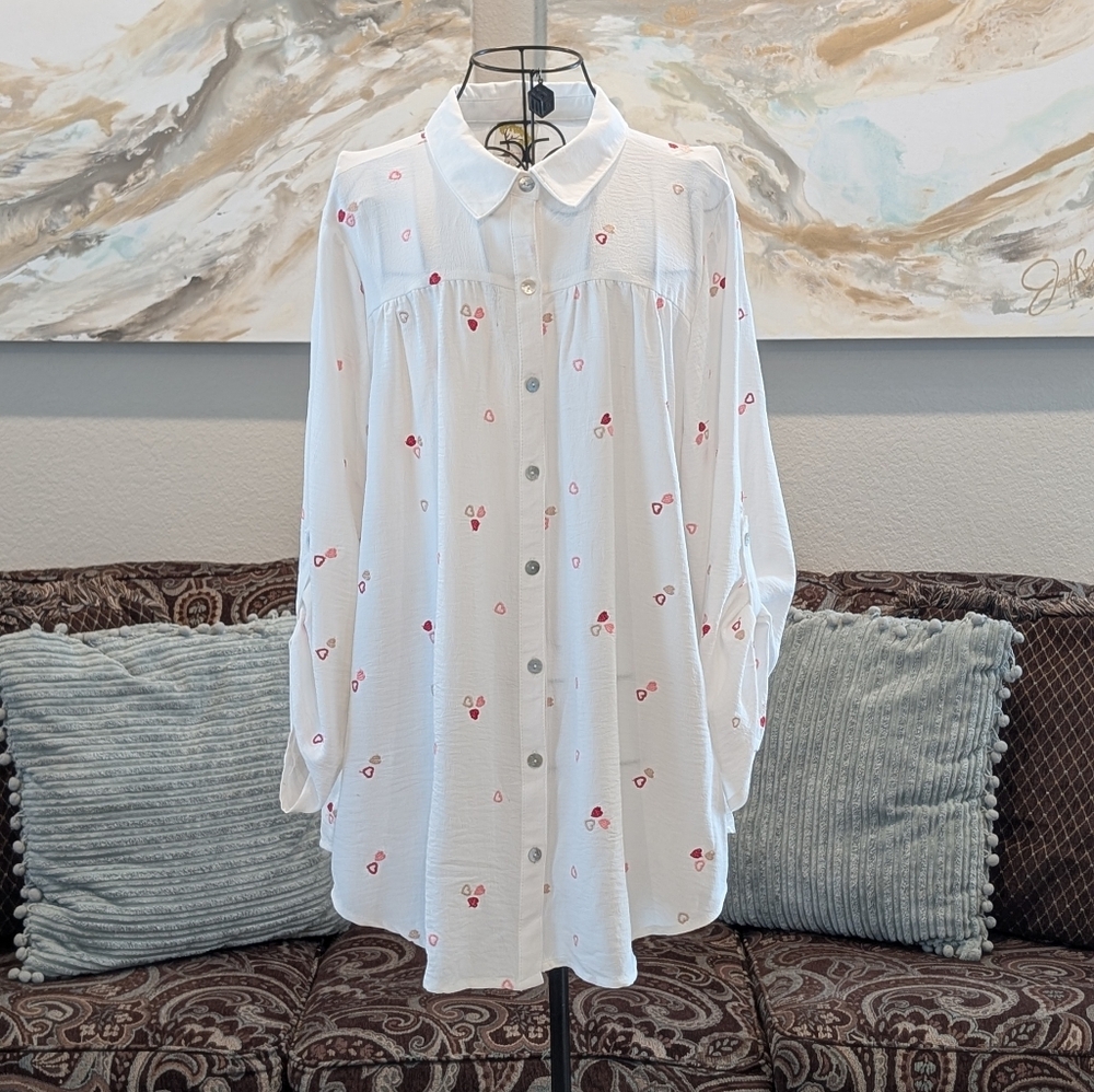 White Button-Up Shirt with Heart Accents